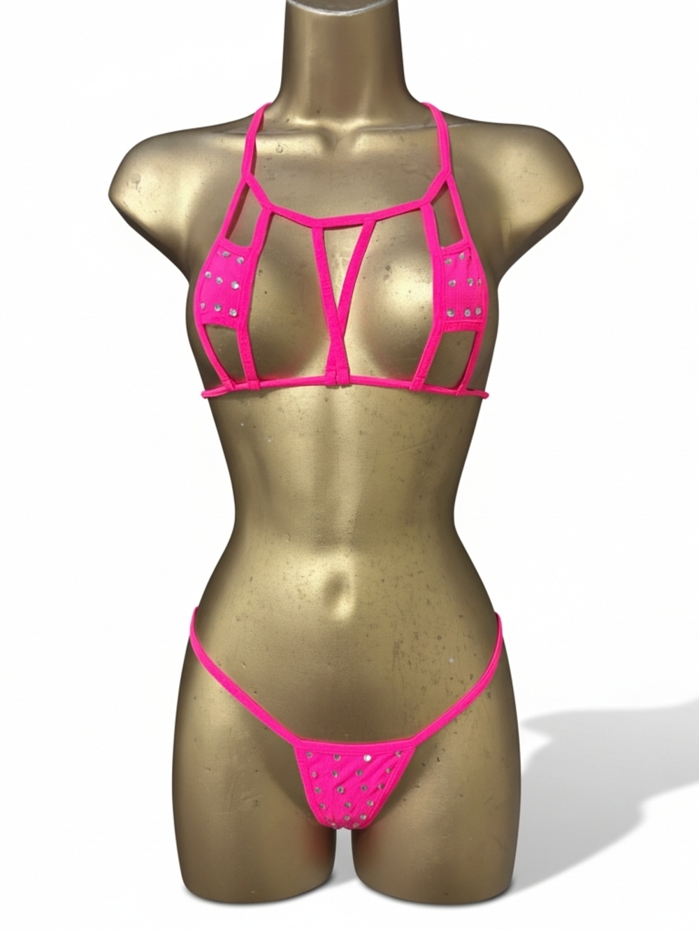 Hot Pink Strappy Rhinestone Bikini Set